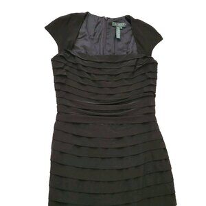 Lauren Ralph Lauren Black Cocktail Dress Shutter Tiered Pleating Stretch Size 6